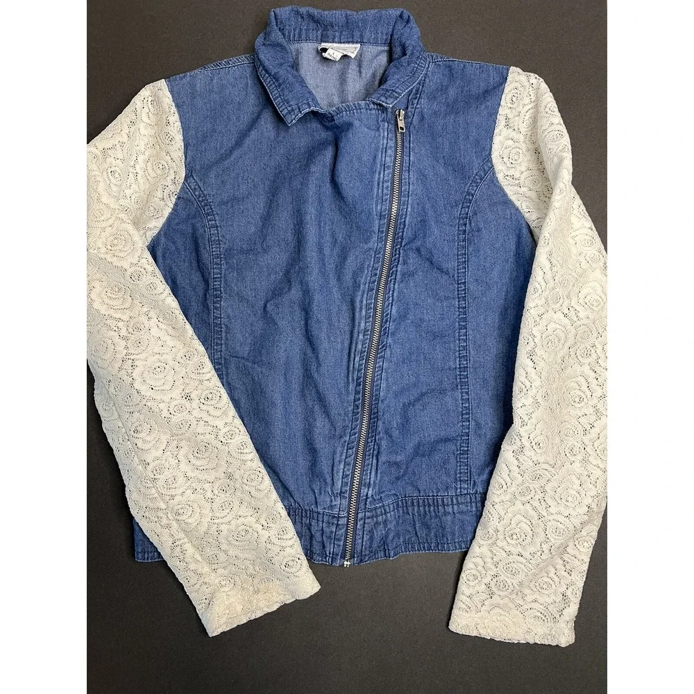 Disney Denim Lace sleeves Lightweight asymmetrical‎ zipper Jacket Youth L 14/16